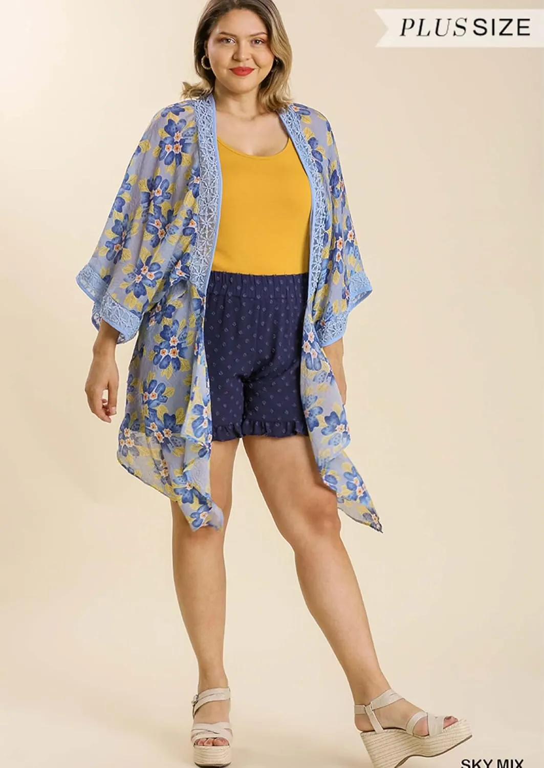 Umgee Womens Sky Sheer Floral Print Open Front Kimono with Crochet Detail