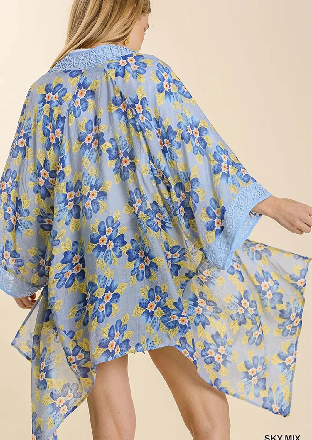 Umgee Womens Sky Sheer Floral Print Open Front Kimono with Crochet Detail