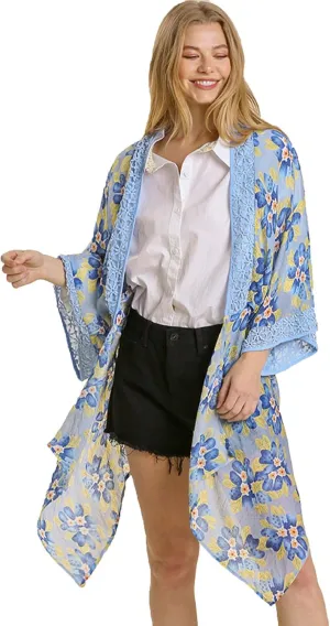 Umgee Womens Sky Sheer Floral Print Open Front Kimono with Crochet Detail