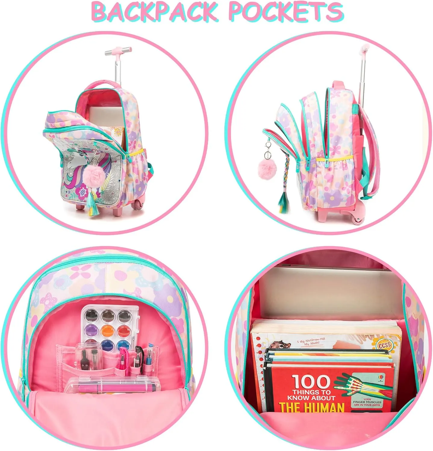 Unicorn Rolling Backpack for School Backpack with Wheels Backpack for Girls Primary School Kids Backpack Daypack Elementary Students for Girls Backpack for Travel