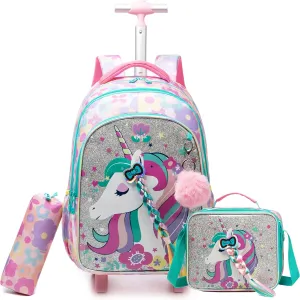 Unicorn Rolling Backpack for School Backpack with Wheels Backpack for Girls Primary School Kids Backpack Daypack Elementary Students for Girls Backpack for Travel