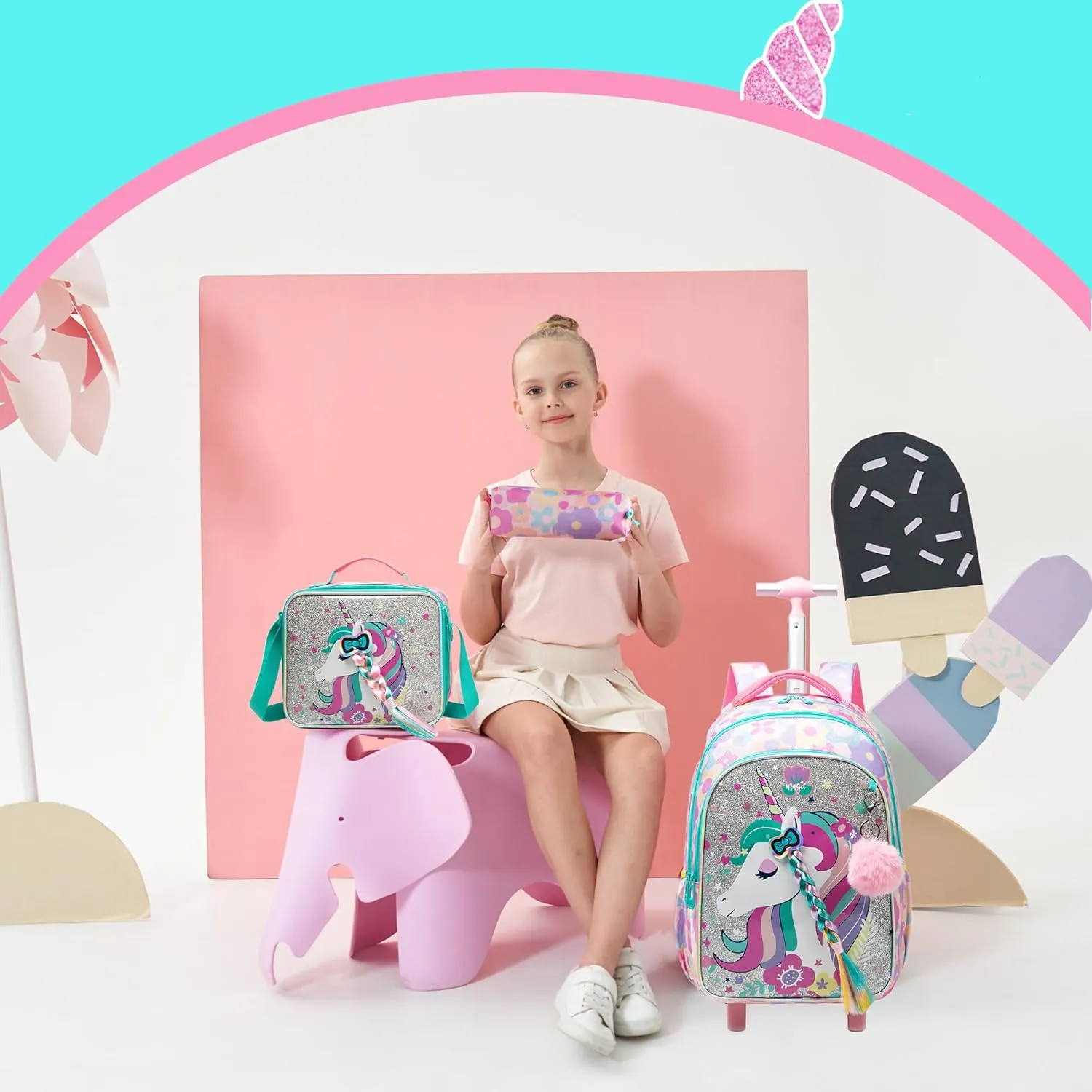 Unicorn Rolling Backpack for School Backpack with Wheels Backpack for Girls Primary School Kids Backpack Daypack Elementary Students for Girls Backpack for Travel