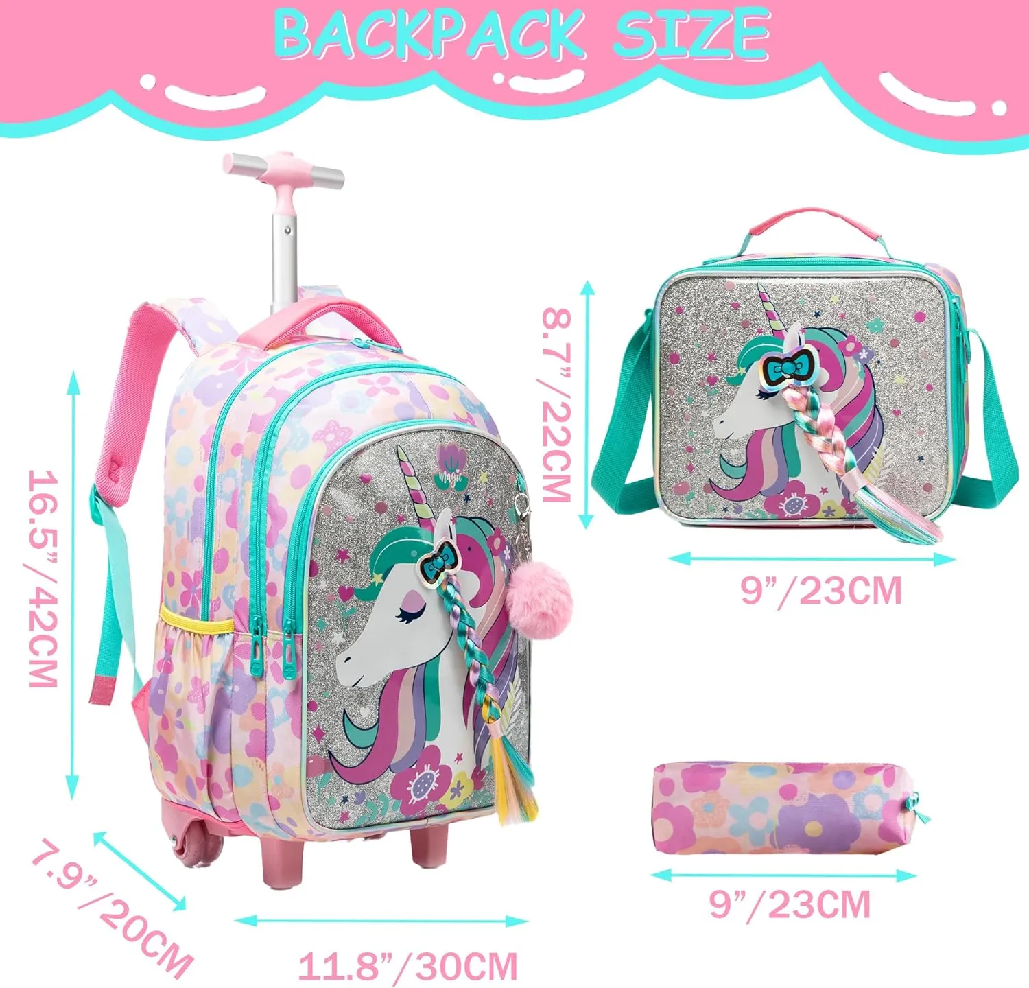 Unicorn Rolling Backpack for School Backpack with Wheels Backpack for Girls Primary School Kids Backpack Daypack Elementary Students for Girls Backpack for Travel