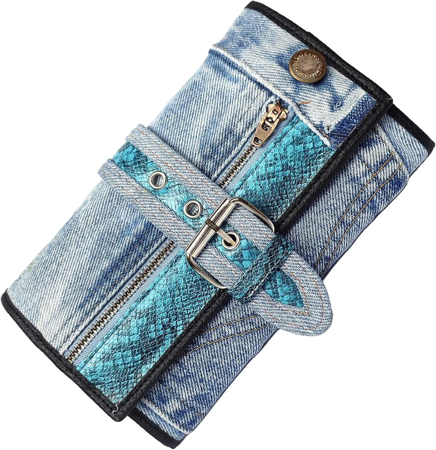 Upcycling Bifold Denim Wallet Decorated Snake skin PU leather Zipper and Buckle Accents Long Wallet Clutch Purse for Women (Blue)