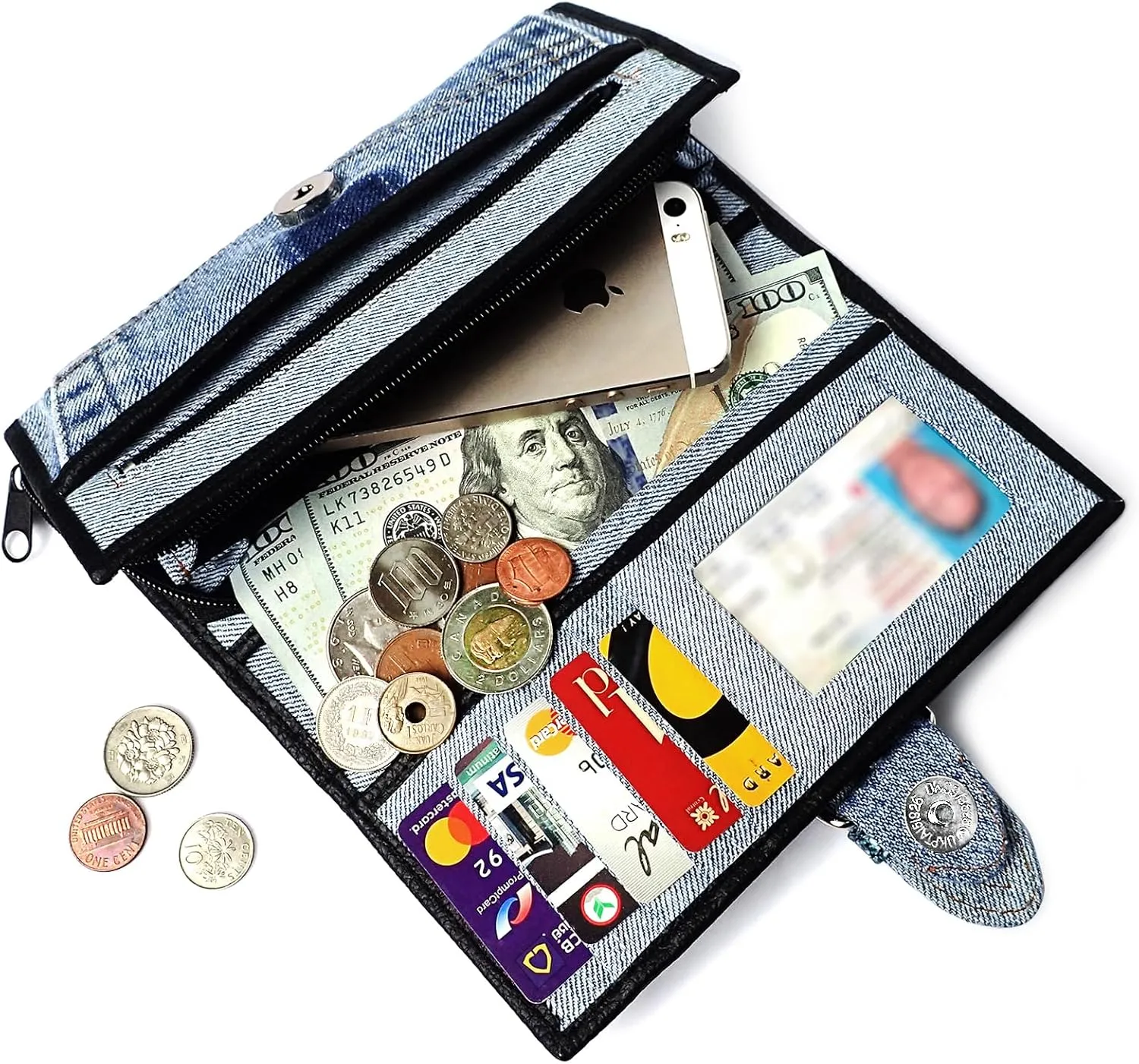 Upcycling Bifold Denim Wallet Decorated Snake skin PU leather Zipper and Buckle Accents Long Wallet Clutch Purse for Women (Blue)