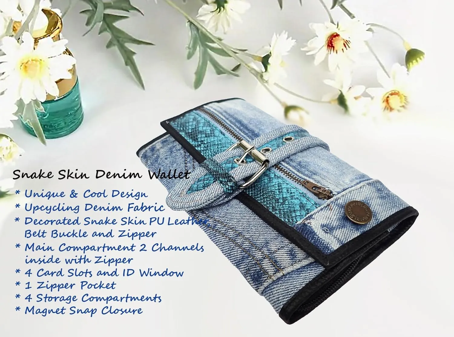 Upcycling Bifold Denim Wallet Decorated Snake skin PU leather Zipper and Buckle Accents Long Wallet Clutch Purse for Women (Blue)