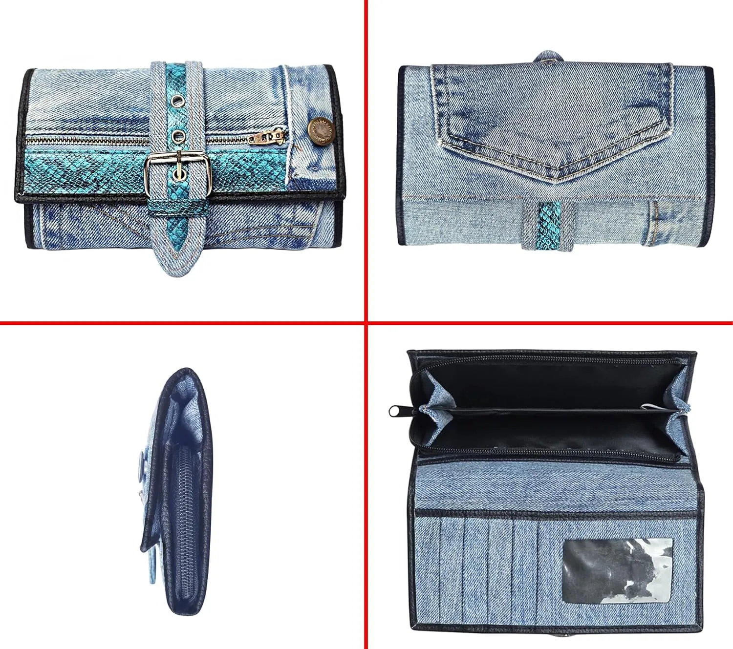 Upcycling Bifold Denim Wallet Decorated Snake skin PU leather Zipper and Buckle Accents Long Wallet Clutch Purse for Women (Blue)