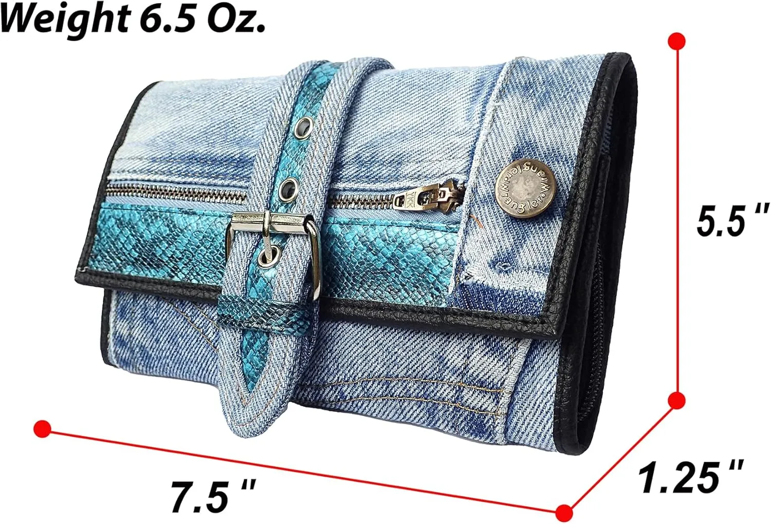 Upcycling Bifold Denim Wallet Decorated Snake skin PU leather Zipper and Buckle Accents Long Wallet Clutch Purse for Women (Blue)