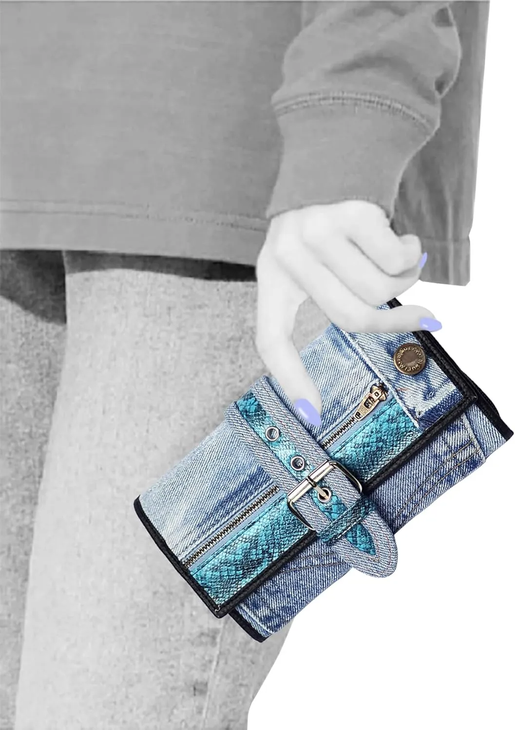 Upcycling Bifold Denim Wallet Decorated Snake skin PU leather Zipper and Buckle Accents Long Wallet Clutch Purse for Women (Blue)