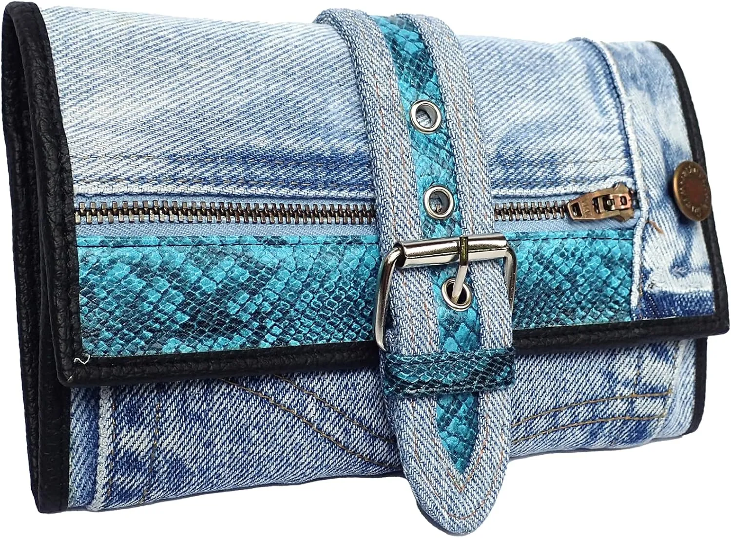 Upcycling Bifold Denim Wallet Decorated Snake skin PU leather Zipper and Buckle Accents Long Wallet Clutch Purse for Women (Blue)