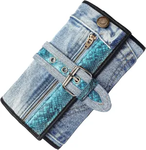 Upcycling Bifold Denim Wallet Decorated Snake skin PU leather Zipper and Buckle Accents Long Wallet Clutch Purse for Women (Blue)
