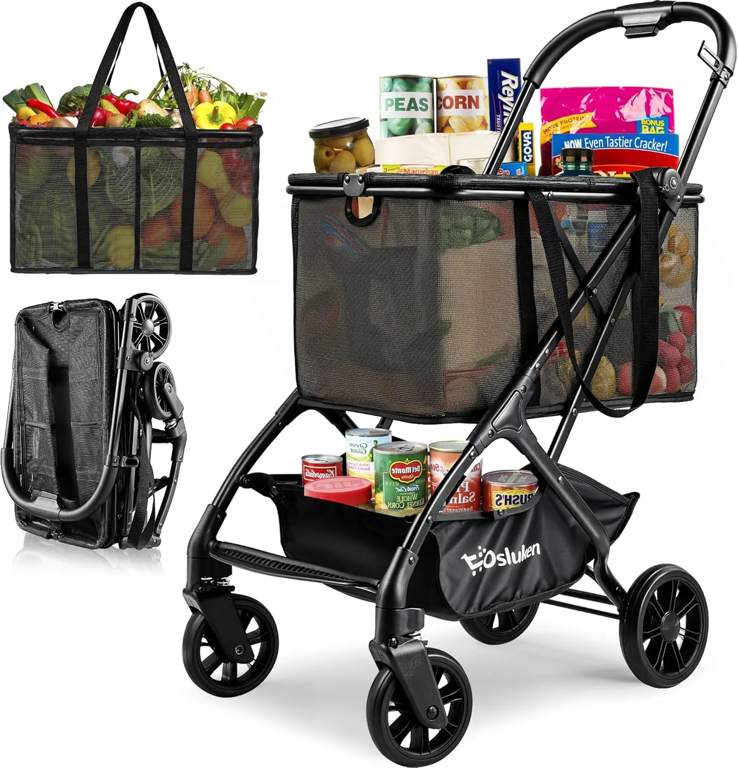 Upgraded Folding Shopping Cart with Wheels, 75Lbs Collapsible Grocery Cart with Removable Basket&360° Wheels, One-Click Folding, Personal Portable Shopping Cart for Groceries, Laundry, Camping