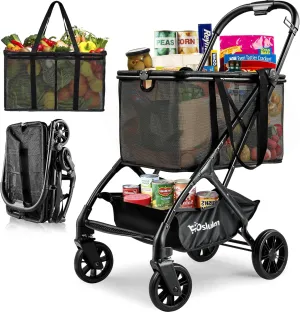 Upgraded Folding Shopping Cart with Wheels, 75Lbs Collapsible Grocery Cart with Removable Basket&360° Wheels, One-Click Folding, Personal Portable Shopping Cart for Groceries, Laundry, Camping