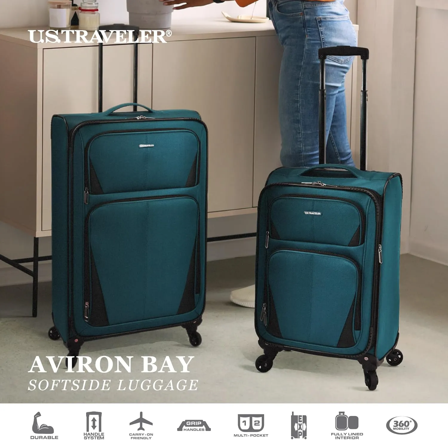 U.S. Traveler Aviron Bay Expandable Softside Spinner Wheels, Navy, 3 Piece Luggage