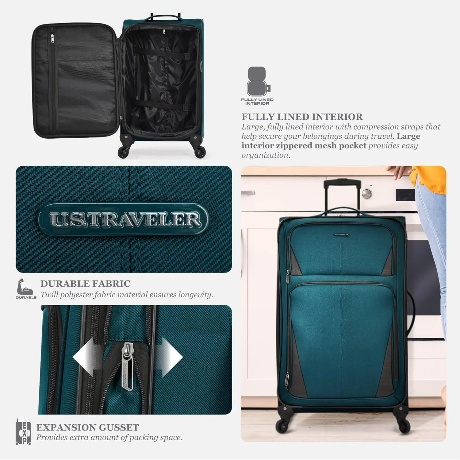 U.S. Traveler Aviron Bay Expandable Softside Spinner Wheels, Navy, 3 Piece Luggage