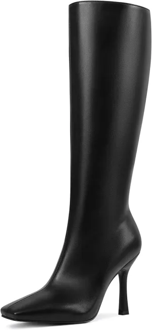 USIMAD Stiletto High Heel Knee High Boots for Women with Square Toe Side Zipper Fashion Tall Long Boots