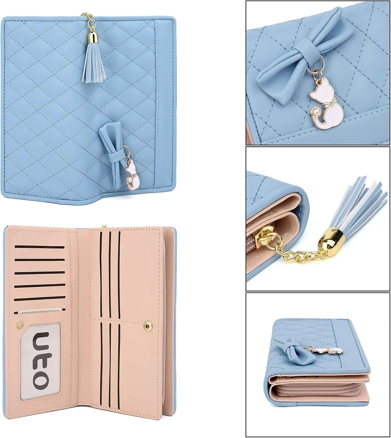 UTO Women PU Leather Wallet Large Capacity Cat Pendant Card Phone Holder Checkbook Organizer Zipper Coin Purse Zoey Black