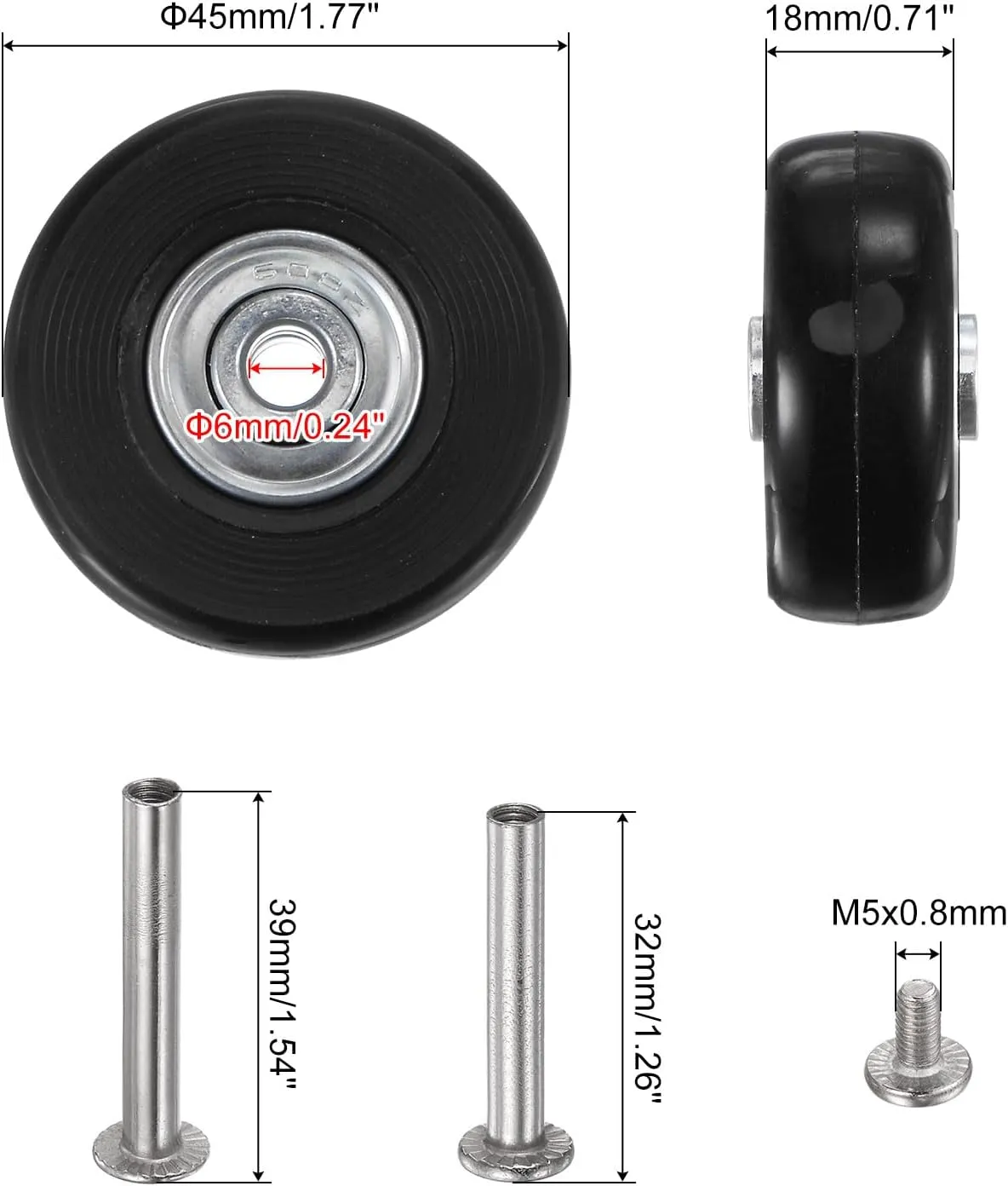 uxcell Replacement Luggage Wheels 45x18mm Suitcase Wheel Repair Kits Include 2 PU Bearing Wheels & Washers, Wrenches & Axle Screw for Trolley Bag, Inline Skate and Caster Board