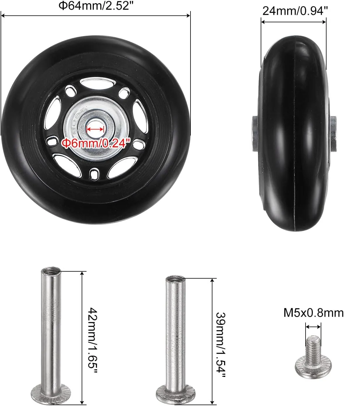 uxcell Replacement Luggage Wheels 64x24mm Suitcase Wheel Repair Kits Include 4 PU Bearing Wheels & Washers, Wrenches & Axle Screw for Trolley Bag, Inline Skate and Caster Board