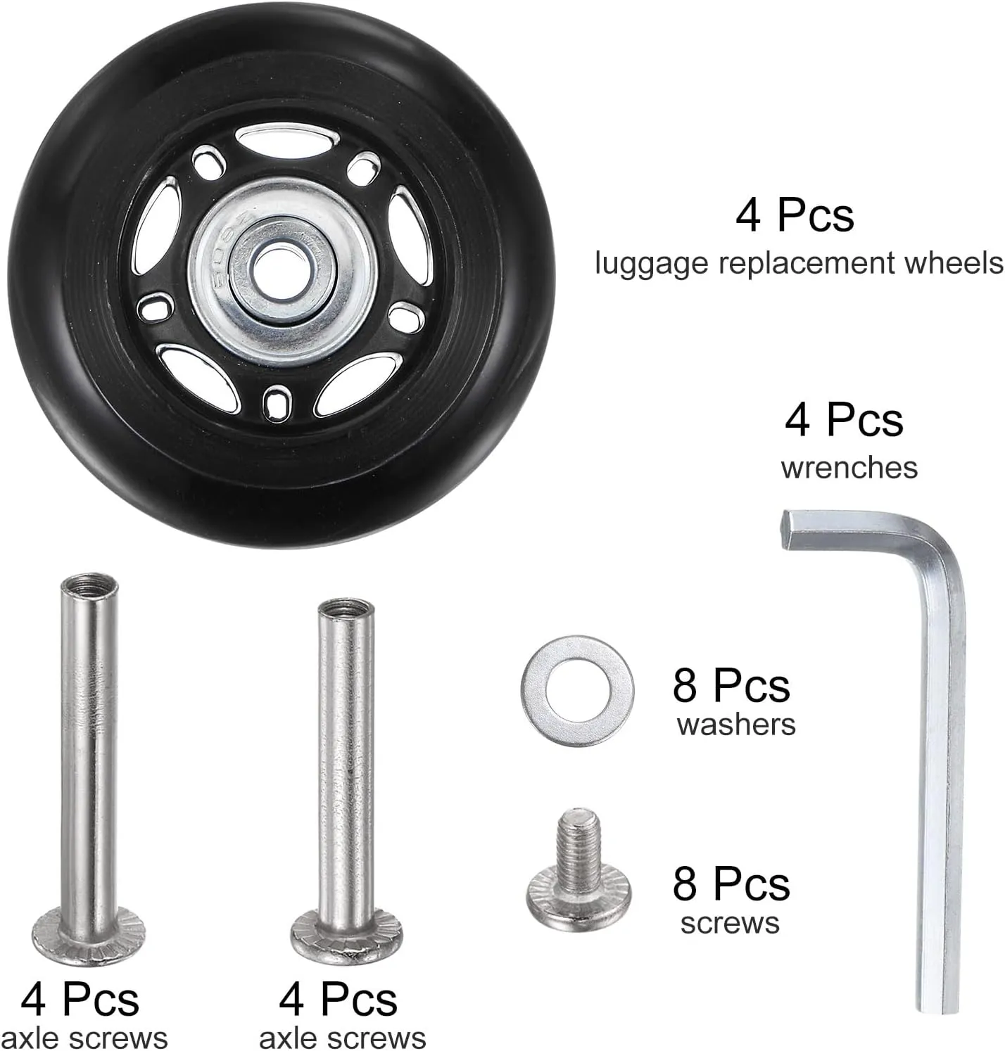 uxcell Replacement Luggage Wheels 64x24mm Suitcase Wheel Repair Kits Include 4 PU Bearing Wheels & Washers, Wrenches & Axle Screw for Trolley Bag, Inline Skate and Caster Board