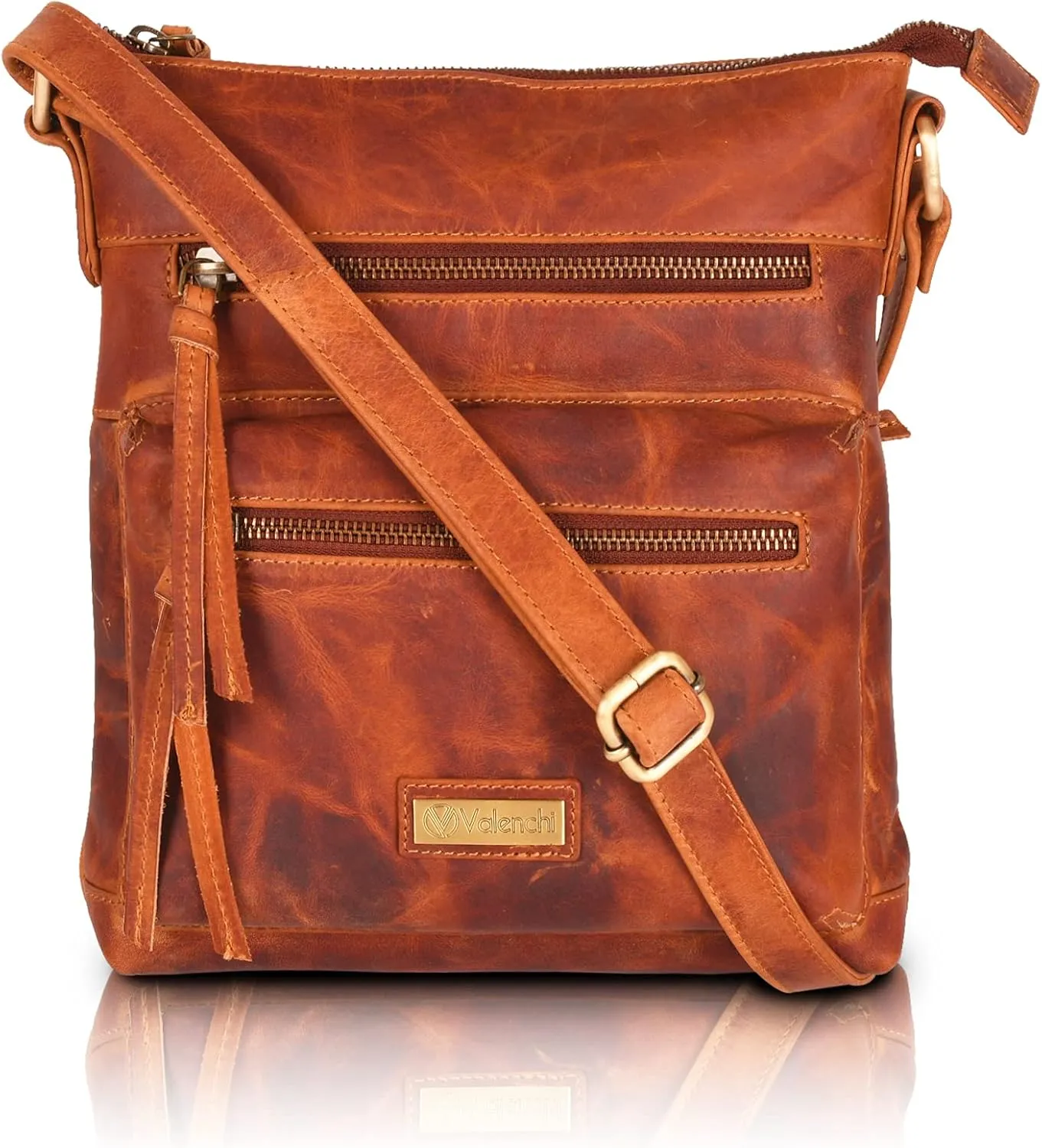 VALENCHI Genuine Leather Crossbody Bag with front Metal Zipper Pockets and long handle - Handmade