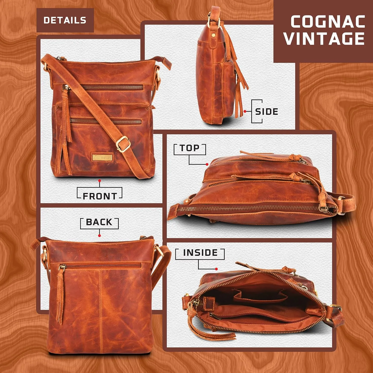 VALENCHI Genuine Leather Crossbody Bag with front Metal Zipper Pockets and long handle - Handmade