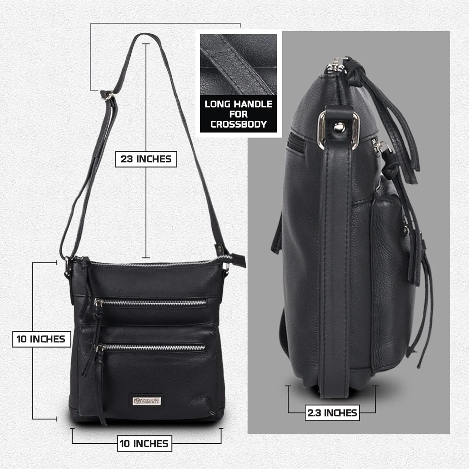 VALENCHI Genuine Leather Crossbody Bag with front Metal Zipper Pockets and long handle - Handmade