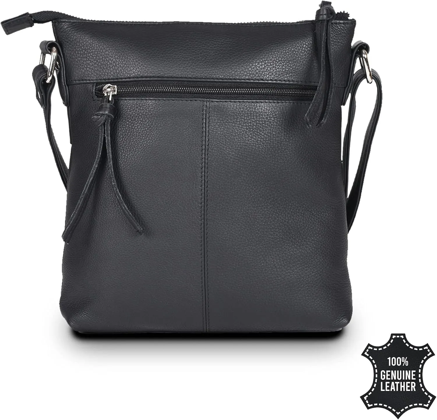 VALENCHI Genuine Leather Crossbody Bag with front Metal Zipper Pockets and long handle - Handmade