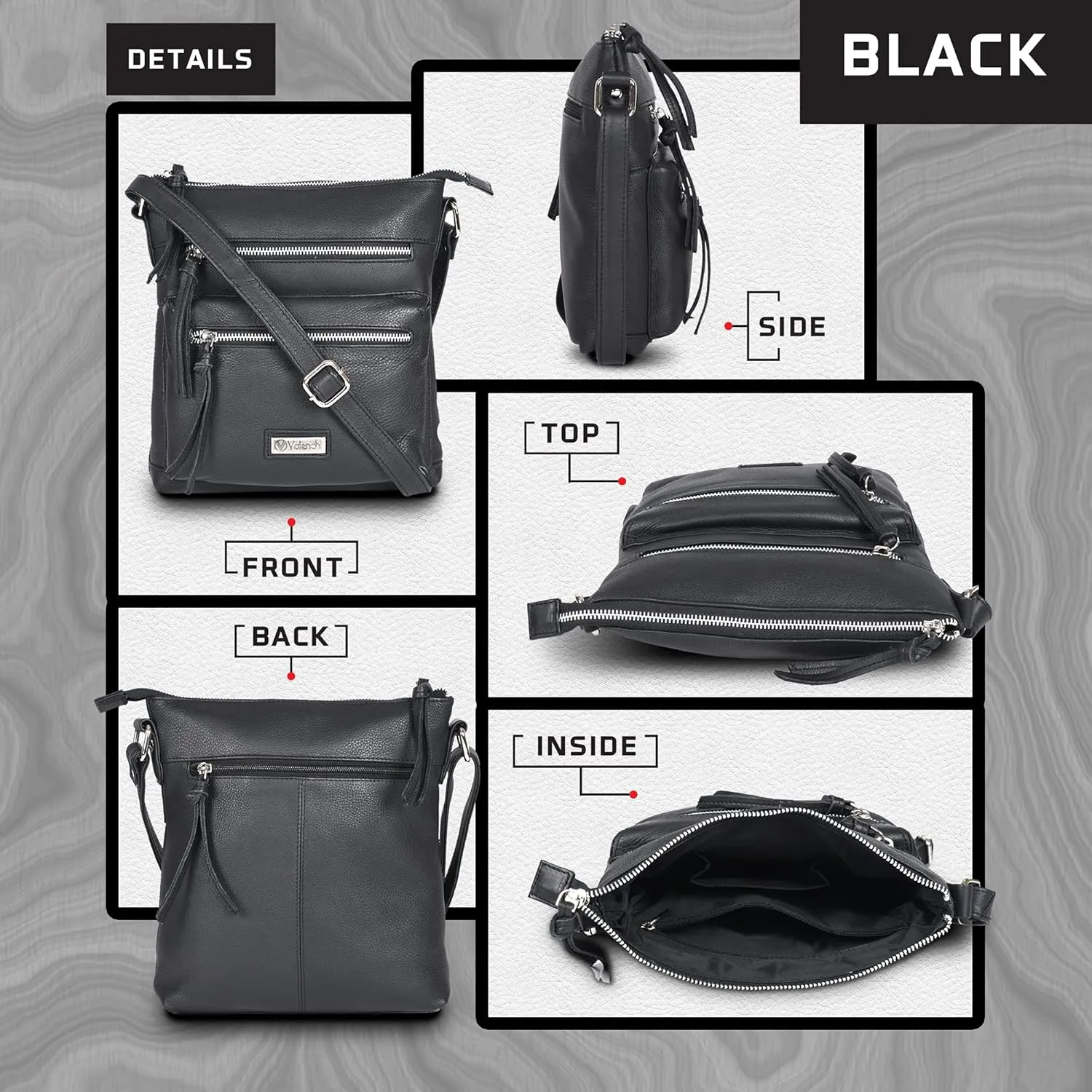 VALENCHI Genuine Leather Crossbody Bag with front Metal Zipper Pockets and long handle - Handmade