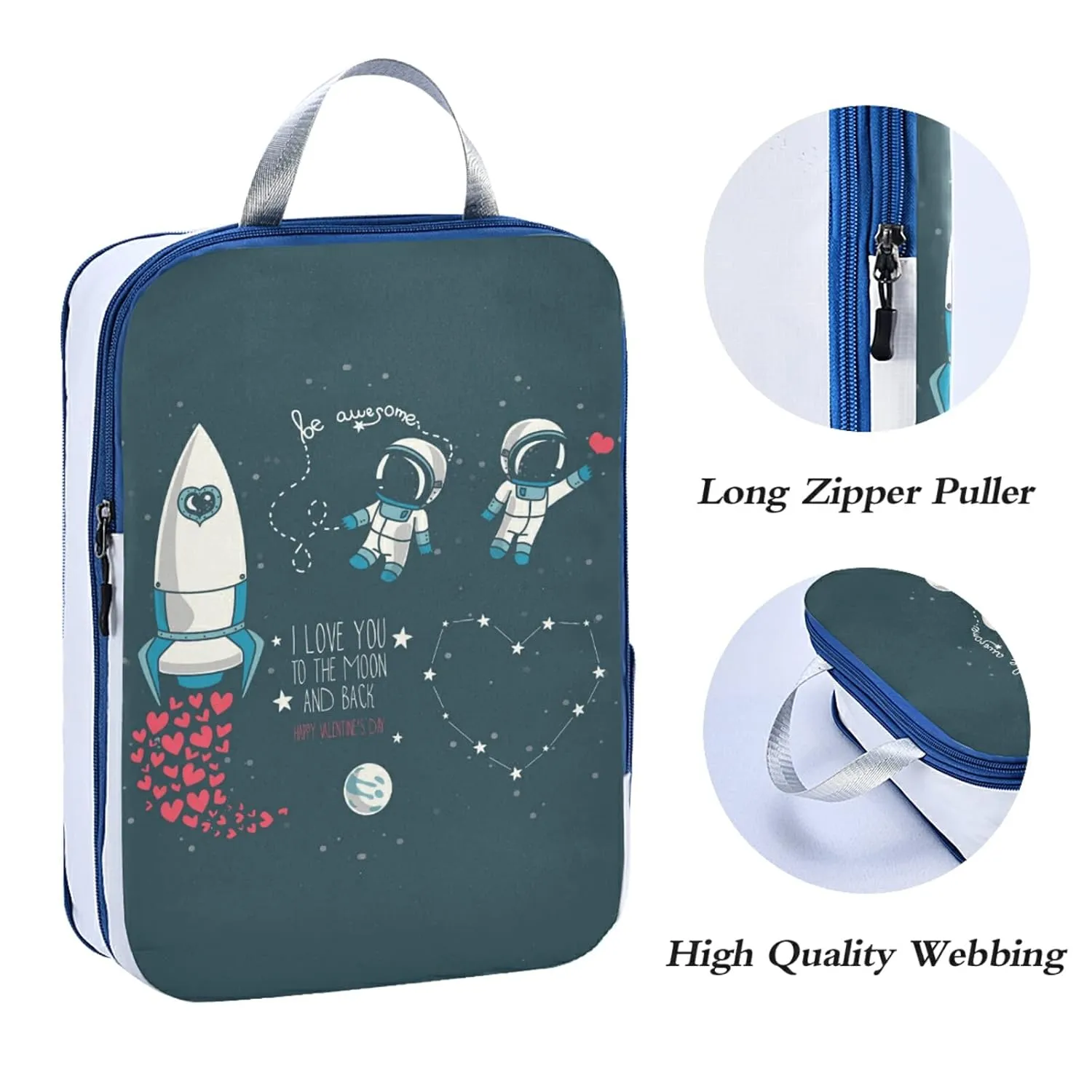 Valentine's Day Moon, Stars, Astronaut in Space and Rocket, Universe 3 Piece set Cubes Expandable Adjustable Luggage Packing Bags, Ultralight Organizer Accessories Travel Suitcase Compressible Bags