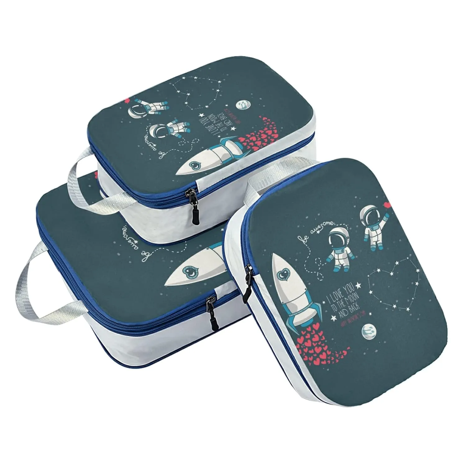 Valentine's Day Moon, Stars, Astronaut in Space and Rocket, Universe 3 Piece set Cubes Expandable Adjustable Luggage Packing Bags, Ultralight Organizer Accessories Travel Suitcase Compressible Bags