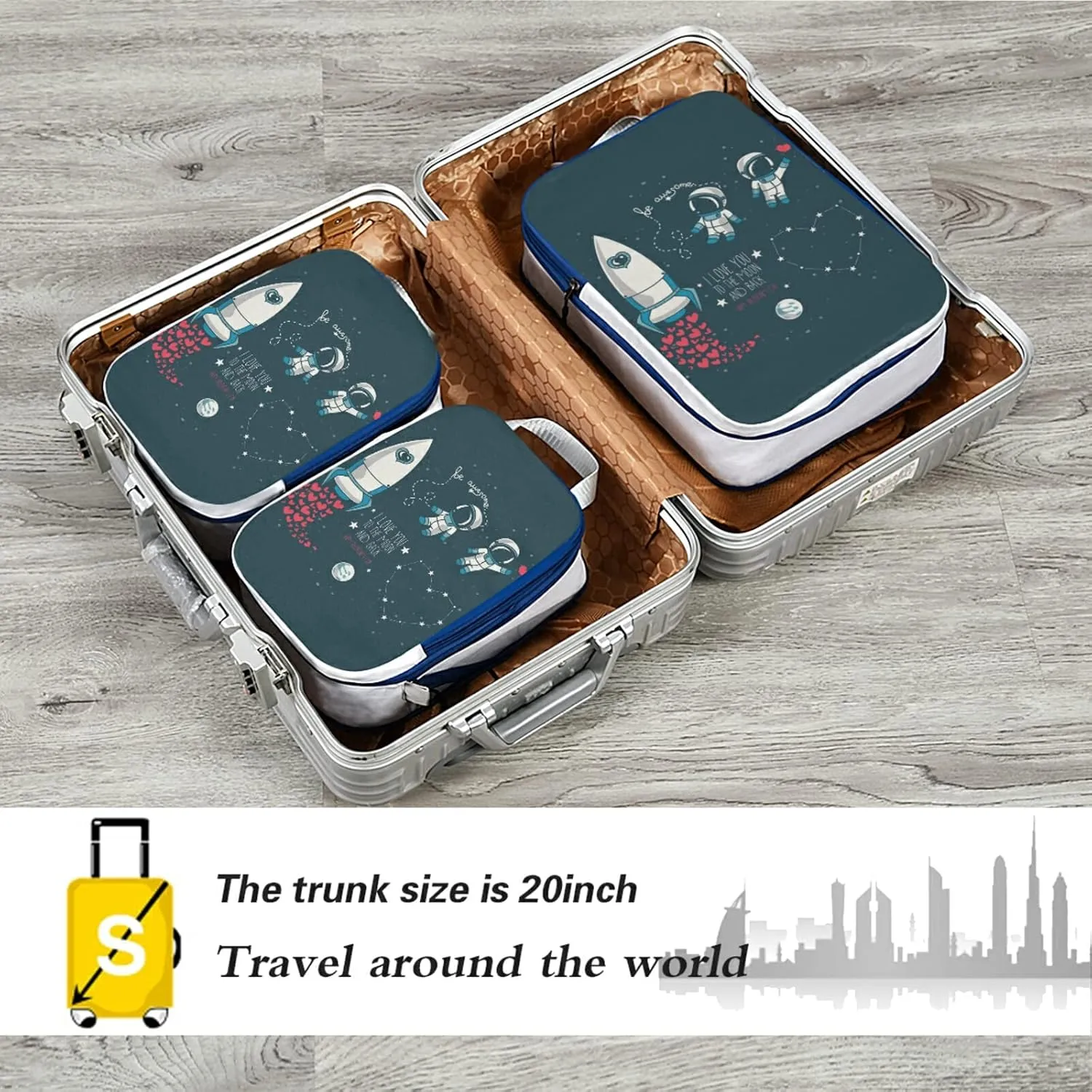 Valentine's Day Moon, Stars, Astronaut in Space and Rocket, Universe 3 Piece set Cubes Expandable Adjustable Luggage Packing Bags, Ultralight Organizer Accessories Travel Suitcase Compressible Bags