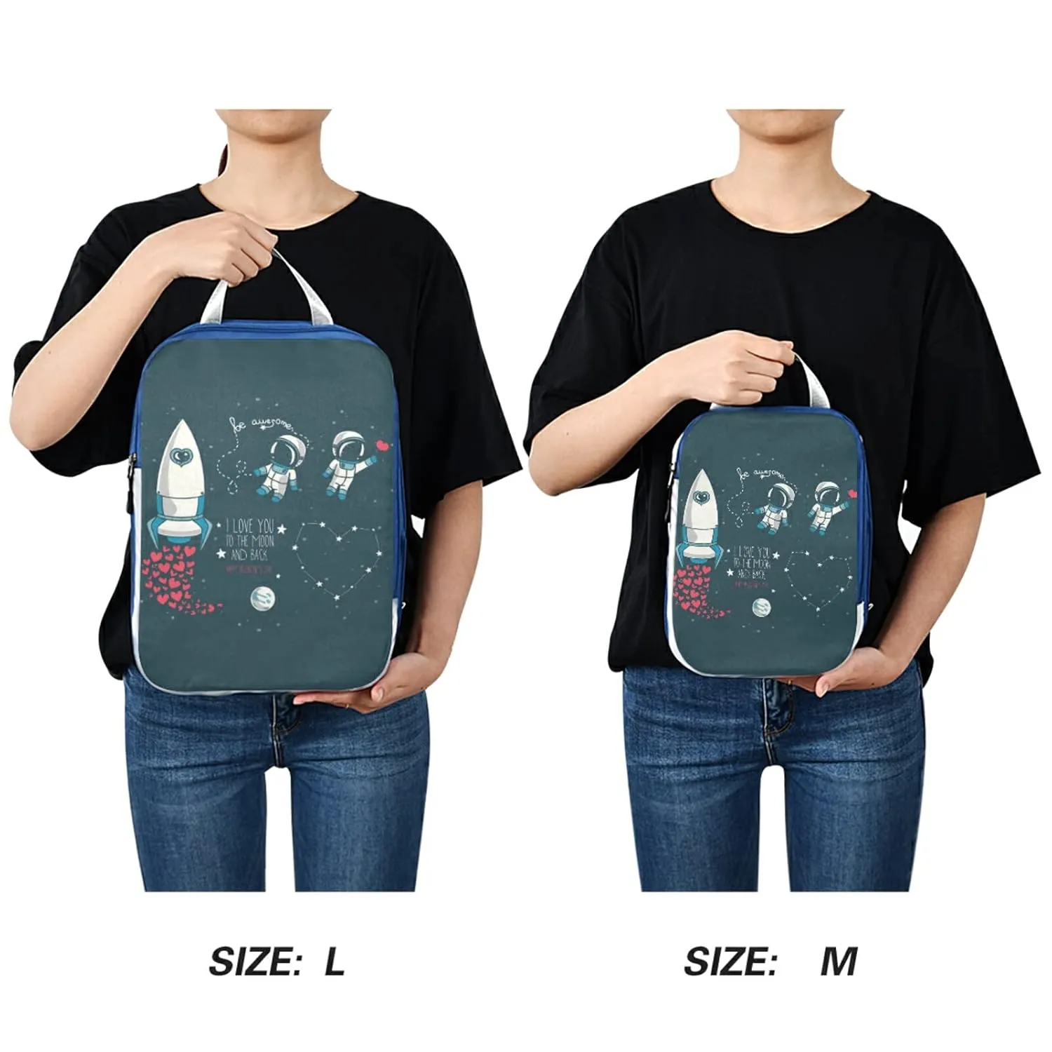 Valentine's Day Moon, Stars, Astronaut in Space and Rocket, Universe 3 Piece set Cubes Expandable Adjustable Luggage Packing Bags, Ultralight Organizer Accessories Travel Suitcase Compressible Bags