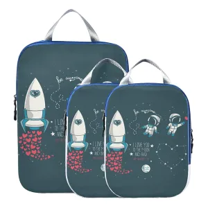 Valentine's Day Moon, Stars, Astronaut in Space and Rocket, Universe 3 Piece set Cubes Expandable Adjustable Luggage Packing Bags, Ultralight Organizer Accessories Travel Suitcase Compressible Bags