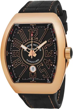 Vanguard Mens 18K Rose-Gold Case Black Face Automatic Date Black Rubber Strap Swiss Watch V 45 SC DT 5N NR