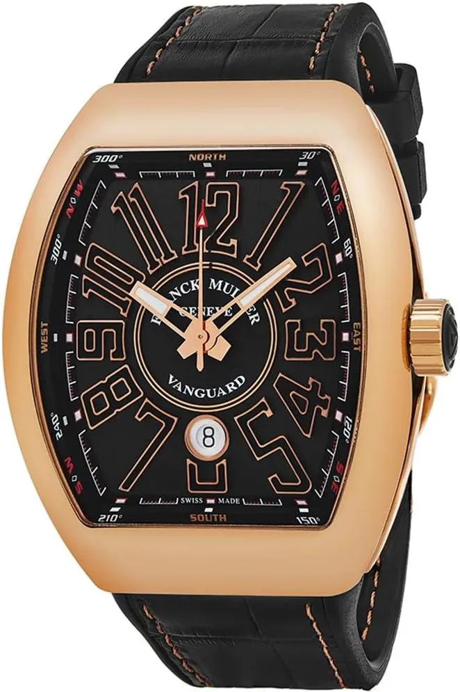 Vanguard Mens 18K Rose-Gold Case Black Face Automatic Date Black Rubber Strap Swiss Watch V 45 SC DT 5N NR
