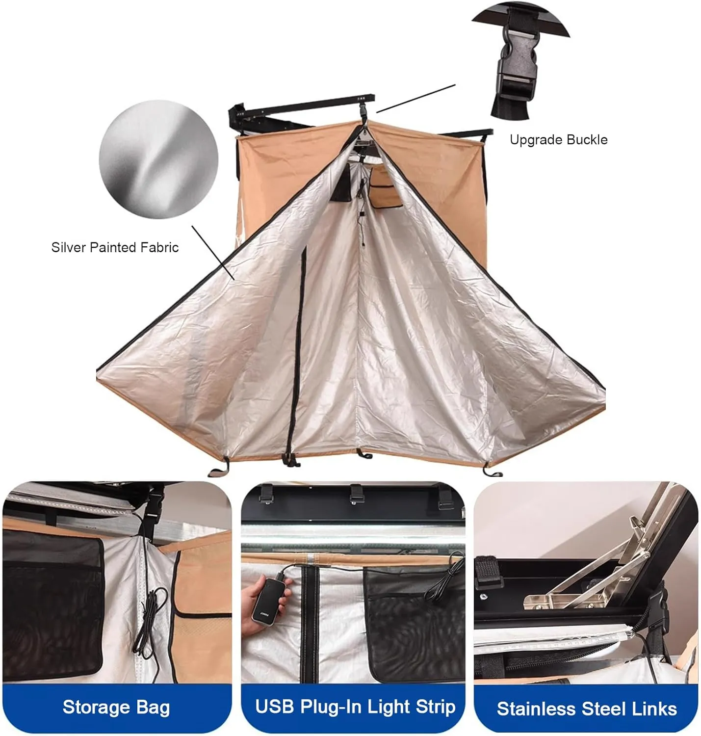 Vehicle Awning Shower Room with LED Light, Outdoor Portable Instant Changing Room, Car Side Shower Tents - SUV Truck Bathroom Tent (Khaki 1)