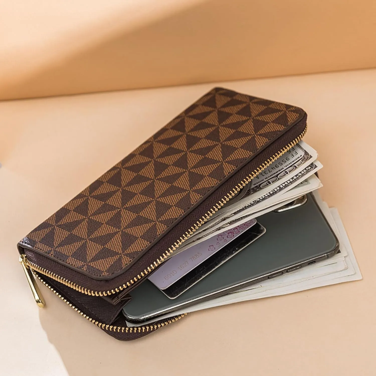 Veki Women's Wallet Monolayer Zipper Pocket Wallets with Wrist Strap, Leather Credit Card Purse for Women Men (Monolayer-Brown)