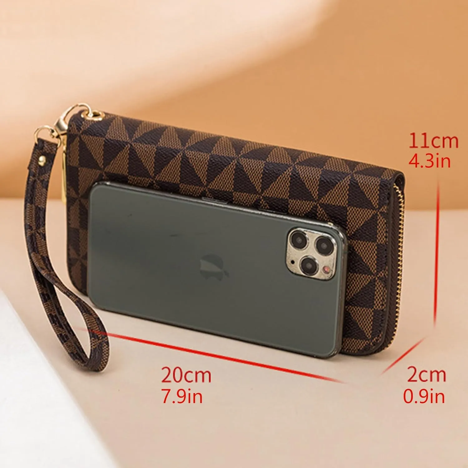 Veki Women's Wallet Monolayer Zipper Pocket Wallets with Wrist Strap, Leather Credit Card Purse for Women Men (Monolayer-Brown)