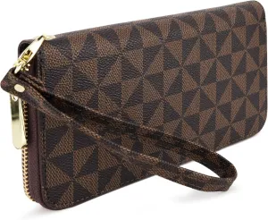Veki Women's Wallet Monolayer Zipper Pocket Wallets with Wrist Strap, Leather Credit Card Purse for Women Men (Monolayer-Brown)