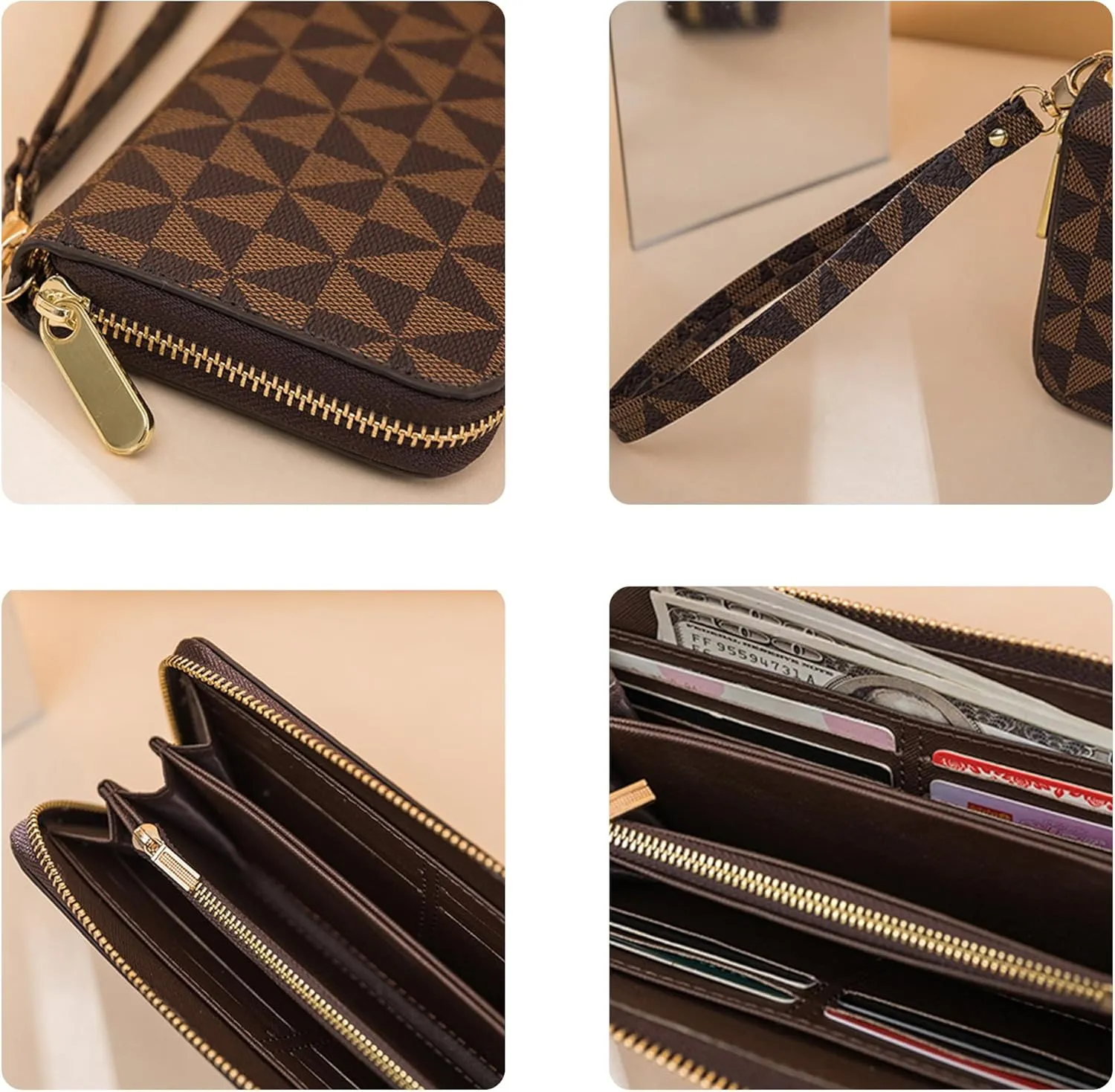Veki Women's Wallet Monolayer Zipper Pocket Wallets with Wrist Strap, Leather Credit Card Purse for Women Men (Monolayer-Brown)