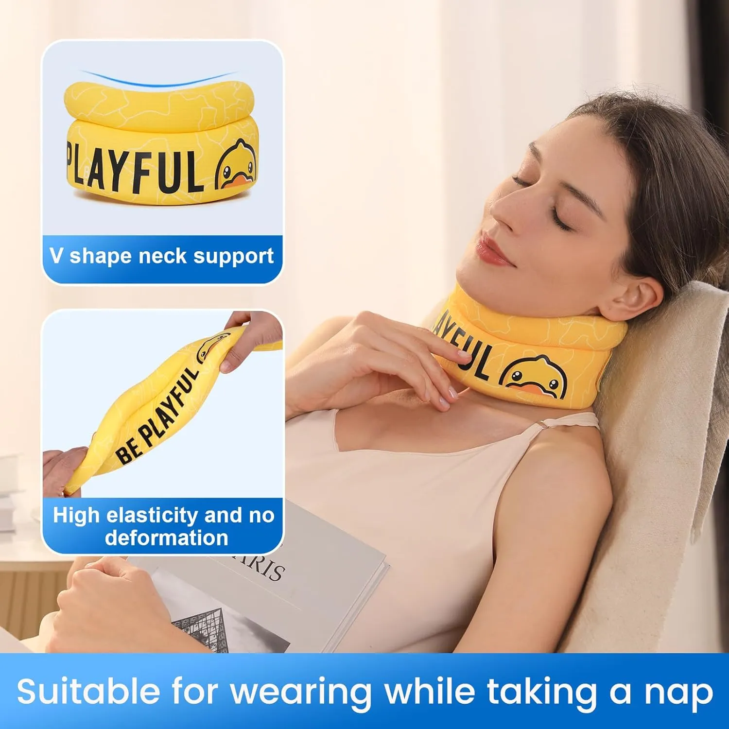 Velpeau Fashion Neck Brace for Sleeping -Soft Cervical Collar for Snooze, Anti Snoring, Sleep Apnea, Foam Wraps Keep Vertebrae Stable Relief Pain and Support for Women & Men (Yellow, L: 14-16.5 inch)