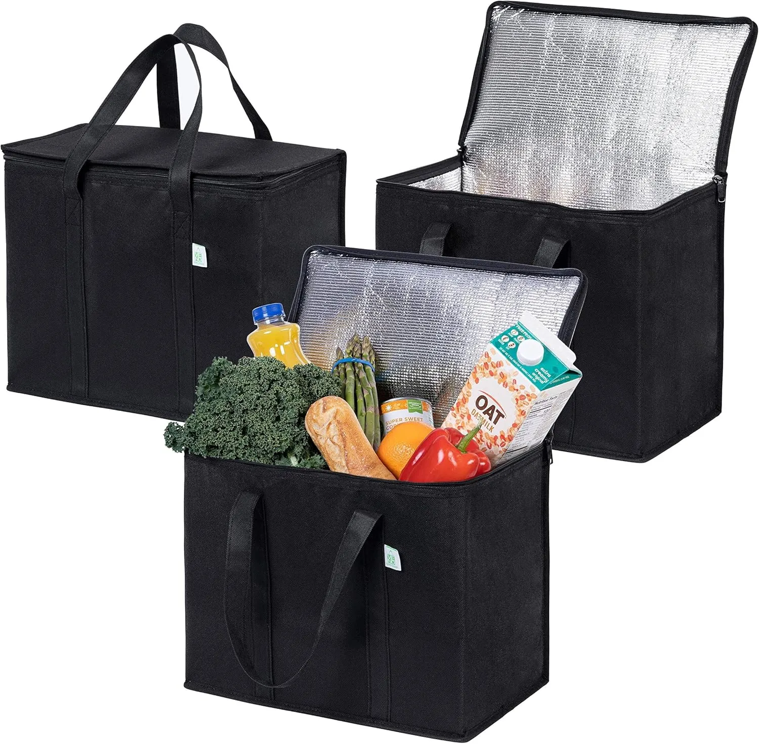 VENO 3 Pack Cooler Bag and Insulated Grocery Bags for Food Delivery, Collapsible Cooler, Reusable Shopping Bags for Groceries with Zipper, Foldable, Heavy-Duty, Stands Upright (Black, 3 Pack)