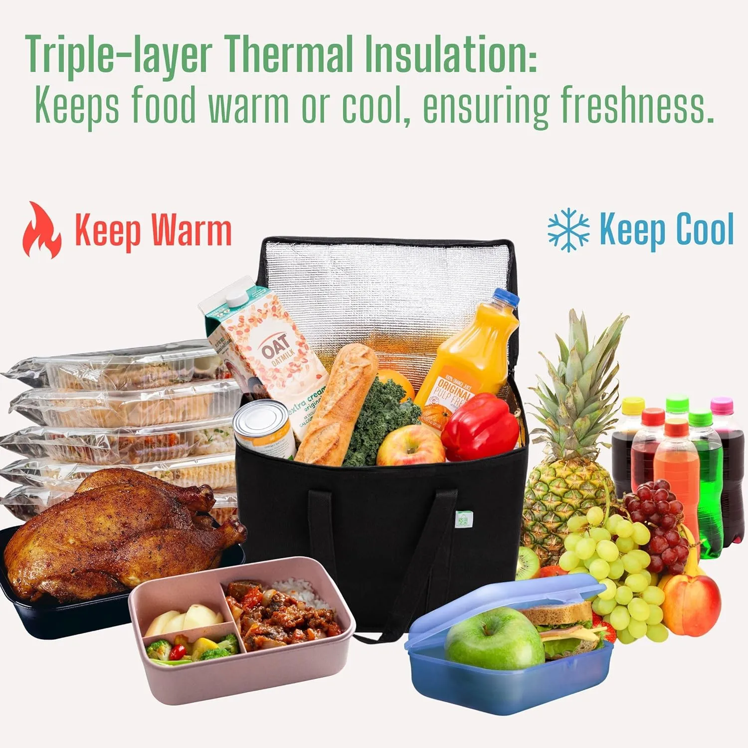 VENO 3 Pack Cooler Bag and Insulated Grocery Bags for Food Delivery, Collapsible Cooler, Reusable Shopping Bags for Groceries with Zipper, Foldable, Heavy-Duty, Stands Upright (Black, 3 Pack)