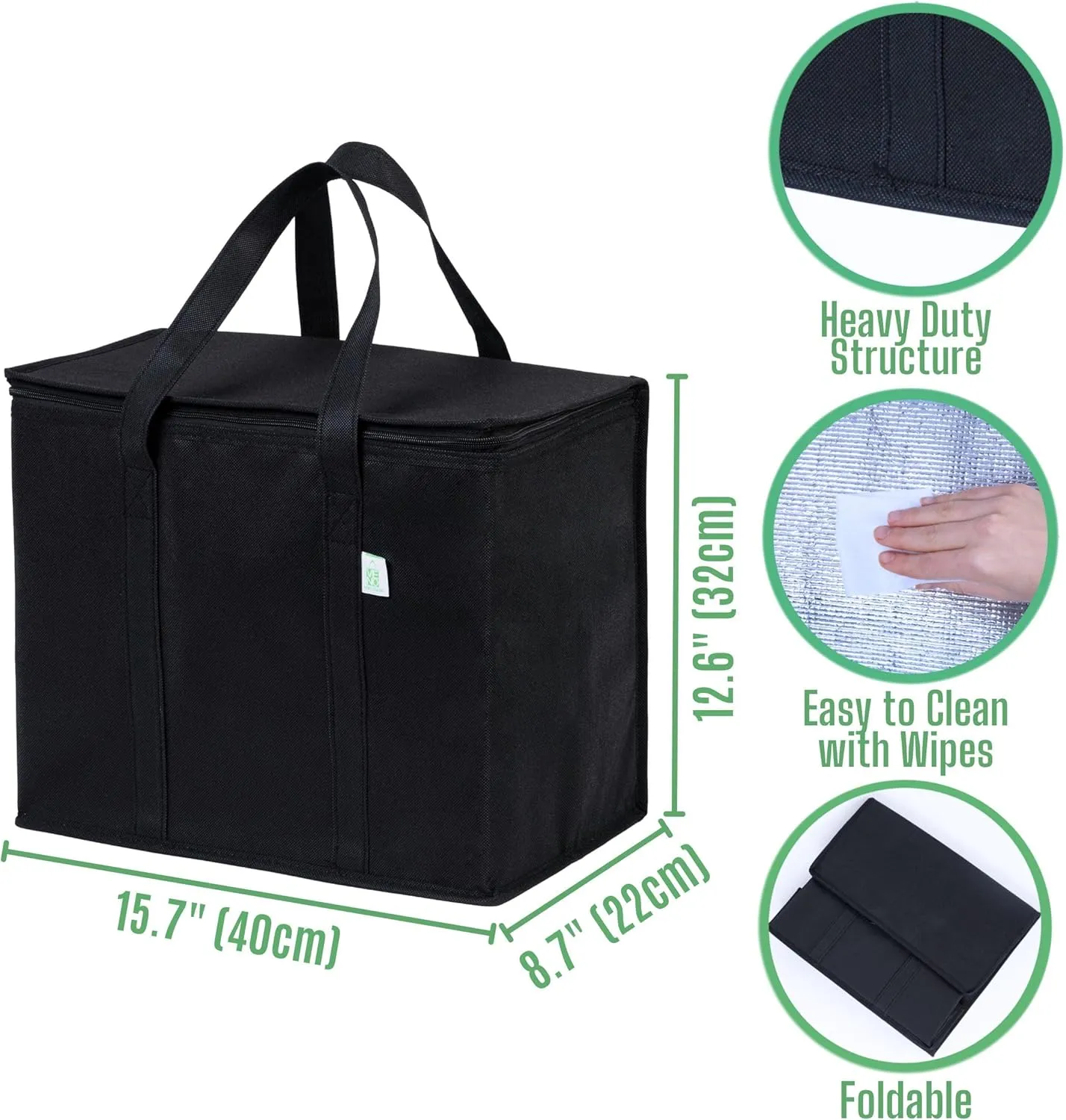 VENO 3 Pack Cooler Bag and Insulated Grocery Bags for Food Delivery, Collapsible Cooler, Reusable Shopping Bags for Groceries with Zipper, Foldable, Heavy-Duty, Stands Upright (Black, 3 Pack)