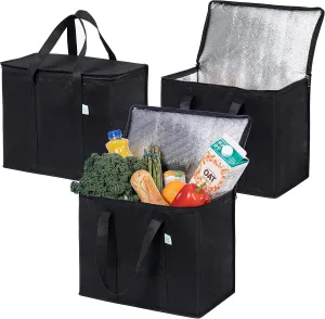 VENO 3 Pack Cooler Bag and Insulated Grocery Bags for Food Delivery, Collapsible Cooler, Reusable Shopping Bags for Groceries with Zipper, Foldable, Heavy-Duty, Stands Upright (Black, 3 Pack)