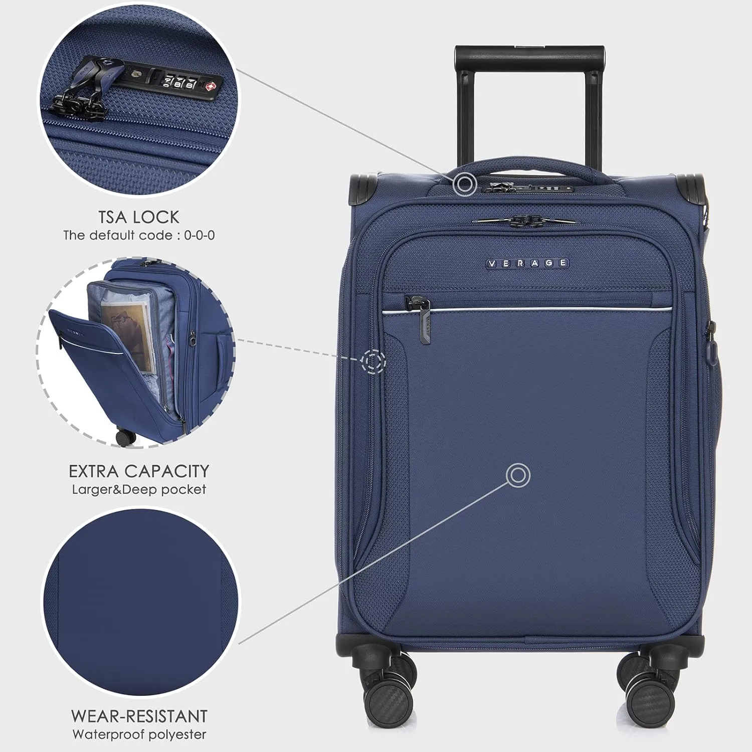 Verage Toledo Carry On Luggage Softside Expandable Suitcase with Spinner Wheel (20-Inch, Navy)