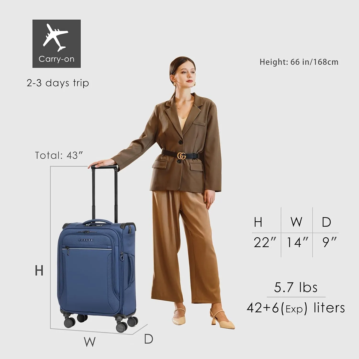 Verage Toledo Carry On Luggage Softside Expandable Suitcase with Spinner Wheel (20-Inch, Navy)
