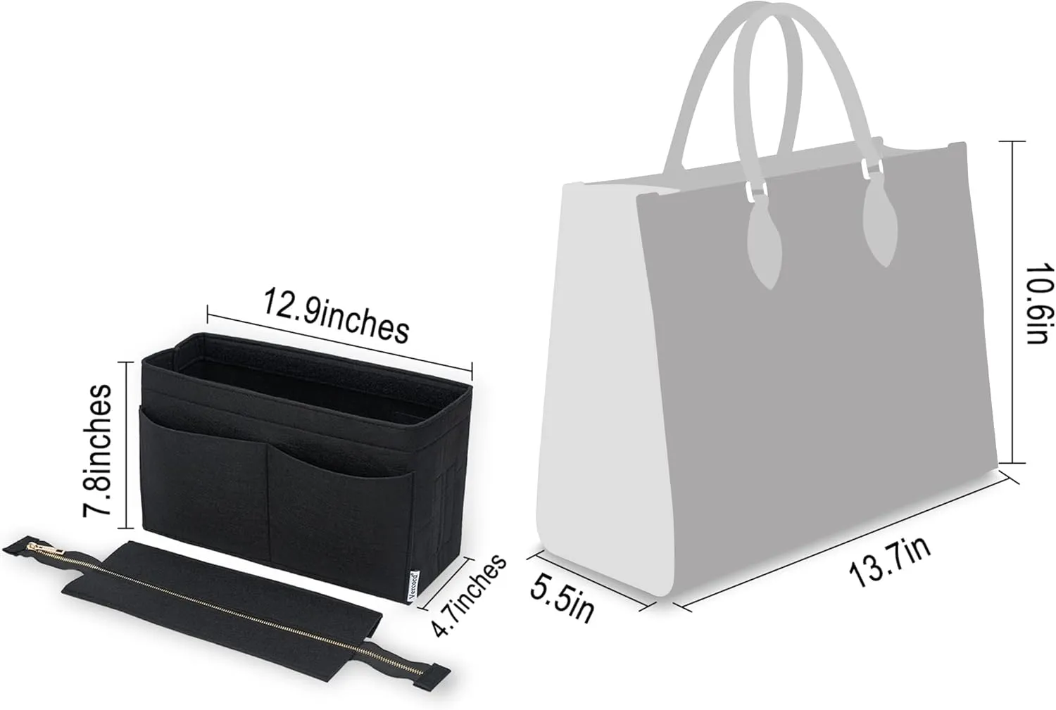 Vercord Felt Purse Organizer Insert Onthego 35 Handbag Tote Bag Organizer Bag in Bag with Removable Zipper