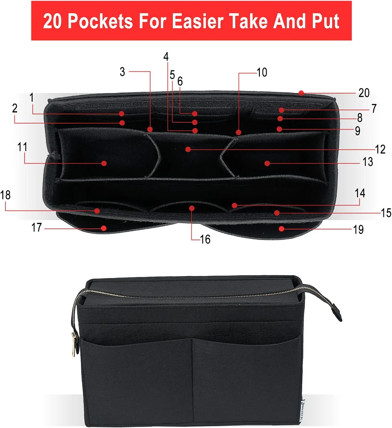 Vercord Felt Purse Organizer Insert Onthego 35 Handbag Tote Bag Organizer Bag in Bag with Removable Zipper